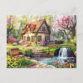 Frühlingserlebnis Hütte mit blühenden Tulpen Postkarte