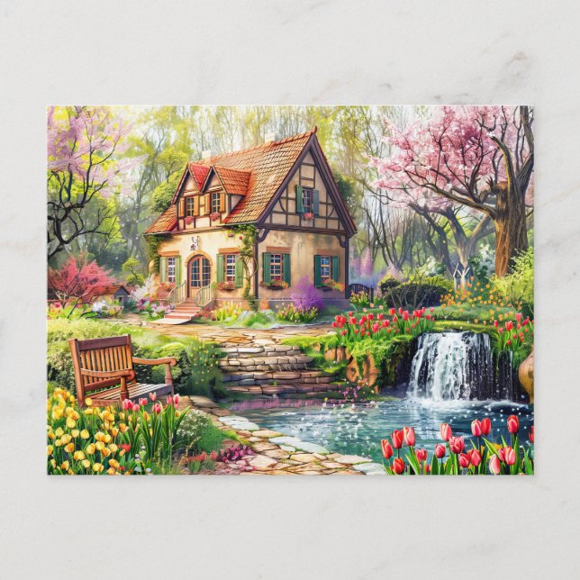 Frühlingserlebnis Hütte mit blühenden Tulpen Postkarte (Vorderseite)