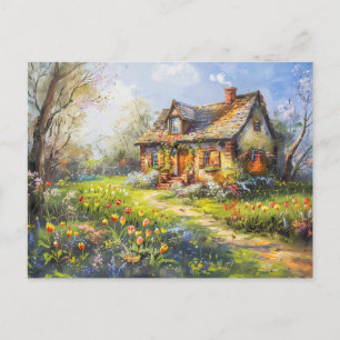 Frühlingserlebnis Hütte mit Tulpen Wildblume Wiese Postkarte