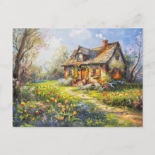 Frühlingserlebnis Hütte mit Tulpen Wildblume Wiese Postkarte (Vorderseite)