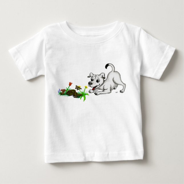 Frühlingserwachen, Welpe mit Schmetterling Baby T-shirt (Vorderseite)