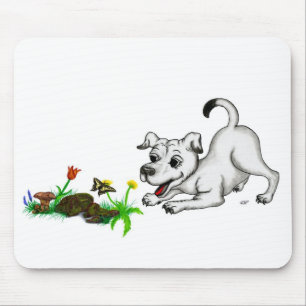 Frühlingserwachen, Welpe mit Schmetterling Mousepad