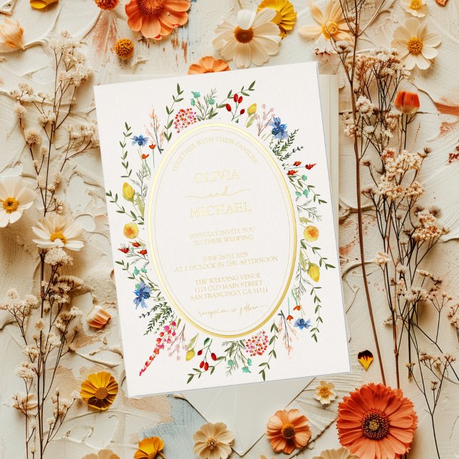 Frühlingsfarbenfrohe Wildblumen Garten Hochzeit Folieneinladung (Spring Colorful Floral Wildflowers Garden Wedding Foil Invitation)