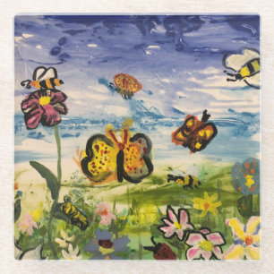 Frühlingsfarbige Schmetterlinge Wildblumen Glasuntersetzer