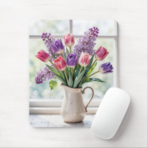 Frühlingsflieder und Tulpenstrauß Mousepad