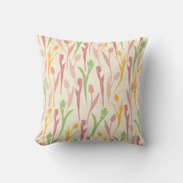 Frühlingsfloral Tulip Pink Gelb Grün Muster Kissen (Vorderseite)