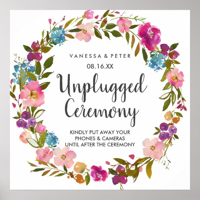 Frühlingsfloral Unplugged Wedding Zeremony Sign Poster (Vorne)