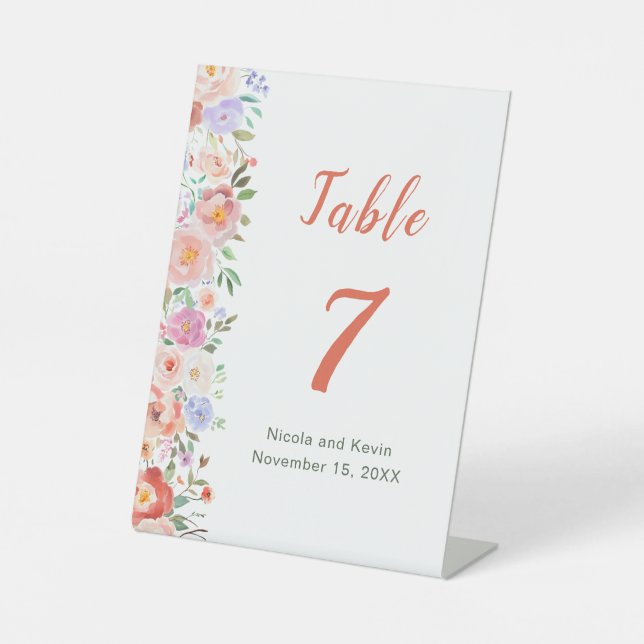 Frühlingsflorale Blume Hochzeit Tischnummer Sockelschild (Vorderseite)