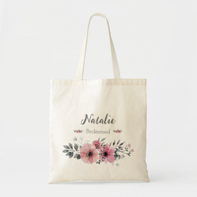Frühlingsflorale Bridesmaid rosa und grau moderne Tragetasche (Vorne)