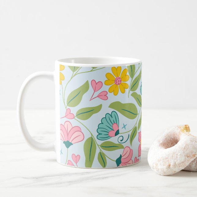 Frühlingsflorale Muster auf Light Blue Kaffeetasse (Mit Donut)