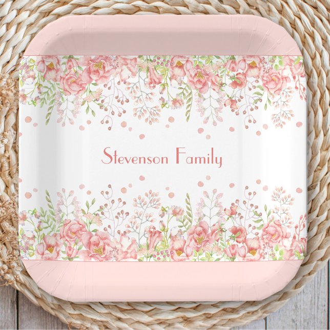 Frühlingsflorale Rand Rosa Pfirsichname Familienna Pappteller (Spring Floral Border Pink Peach Family Name Paper Plates)