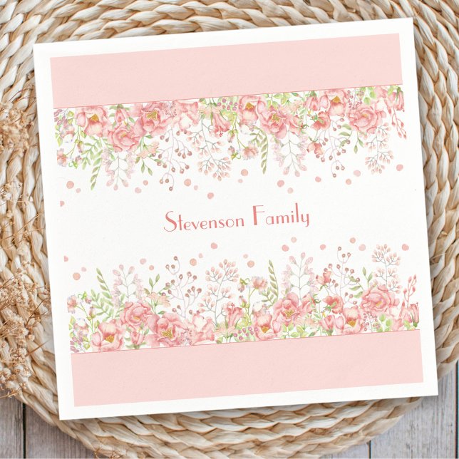 Frühlingsflorale Rand Rosa Pfirsichname Familienna Serviette (Spring Floral Border Pink Peach Family Name Napkins)