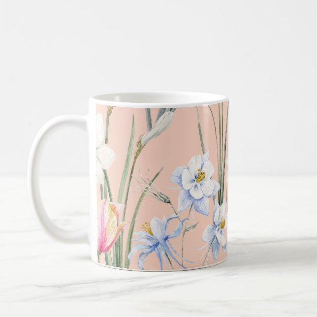 Frühlingsflorale, Retro-Tapete. Kaffeetasse (Links)