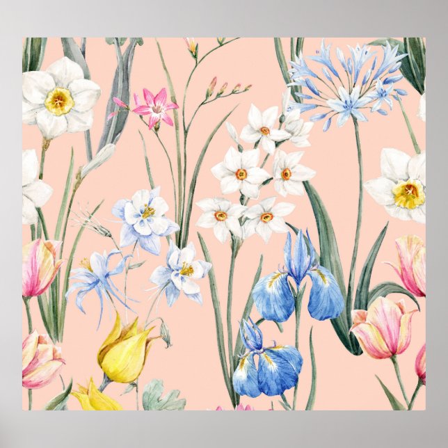 Frühlingsflorale, Retro-Tapete. Poster (Vorne)