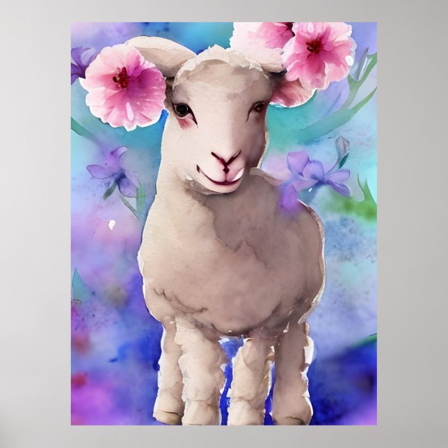 Frühlingsfrühling Osterlamma Floral Wasserfarbe Poster (Vorne)