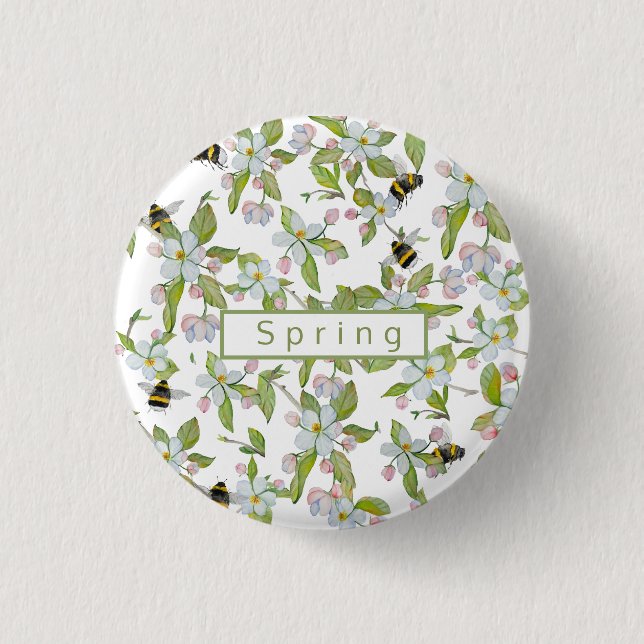 Frühlingsgarten blüht und Hummeln Button (Vorderseite)