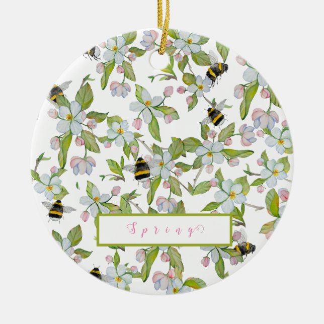 Frühlingsgarten blüht und Hummeln Keramik Ornament (Vorne)