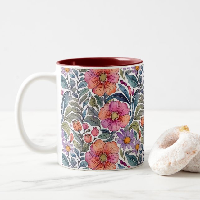 Frühlingsgarten - Florales Muster 2 - Kaffeetasse (Mit Donut)