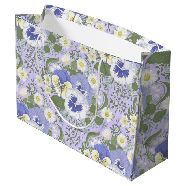 Frühlingsgartenblumen auf Lavendel Große Geschenktüte (Rückseite Schrägansicht)