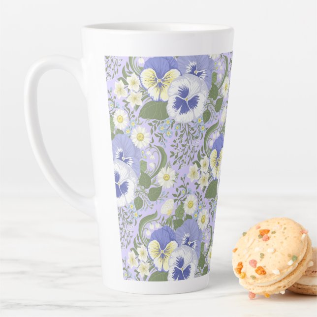 Frühlingsgartenblumen auf Lavendel Milchtasse (Beispiel)