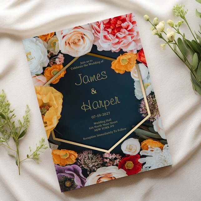 Frühlingsgelb rosa navyblau goldenes florales Hoch Einladung (Spring yellow pink navy blue gold floral RSVP)