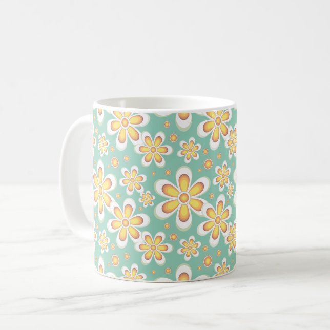 Frühlingsgelbe Blumen auf Grün Kaffeetasse (Vorderseite Links)