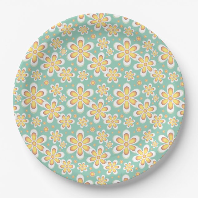Frühlingsgelbe Blumen auf Grün Pappteller (Vorderseite)