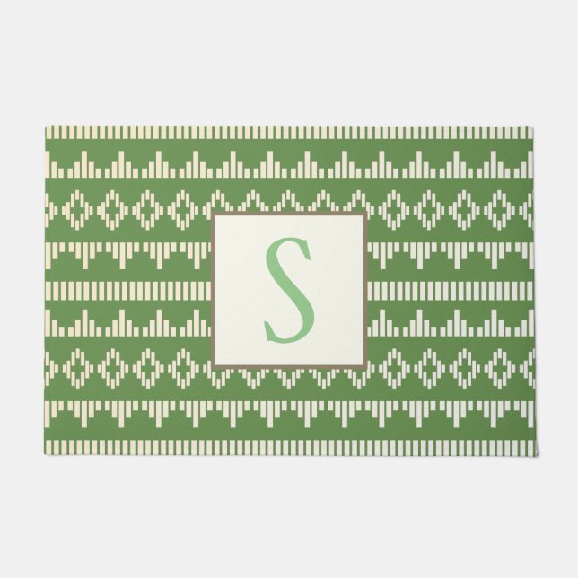 Frühlingsgrün und Creme Geometrie | Monogramm Fußmatte (Vorderseite)