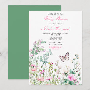 Frühlingsgrüne Schmetterlings-Blumen-Baby-Party Einladung