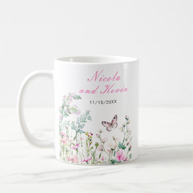 Frühlingsgrüne Schmetterlings-Blumenhochzeit Kaffeetasse (Links)