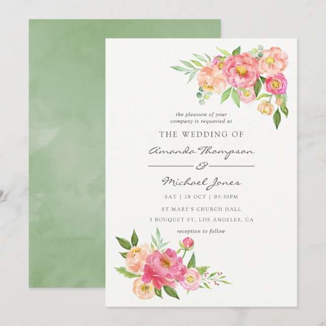 Frühlingshafte Peonies Hochzeitsfeiern Einladung (Vorne/Hinten)