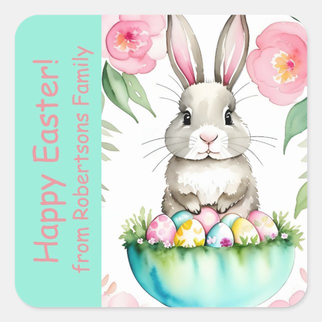 Frühlingshai Grünrosa Blumenbunny Ostereier Quadratischer Aufkleber (Vorderseite)