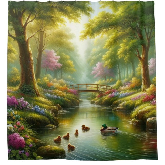 Frühlingshai mit Enten/Blume Duschvorhang (Vorderseite)
