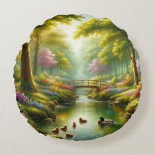 Frühlingshai mit Enten/Blume Rundes Kissen