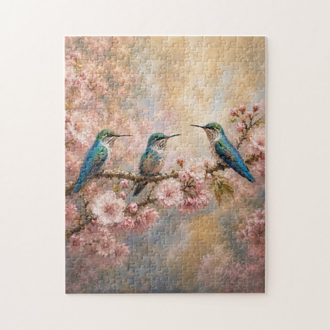 Frühlingsharmonie, Kolibris unter Kirschblüten (Vertikal)