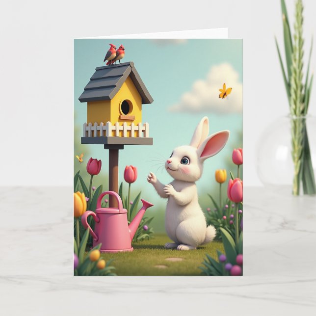 Frühlingshase-Garten-Szene Karte (Vorderseite)