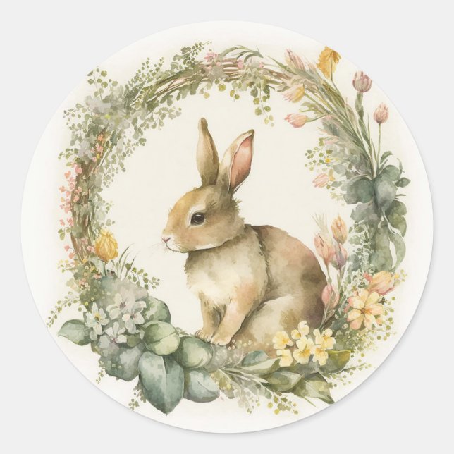 Frühlingshase im Blumenkranz Runder Aufkleber (Vorderseite)
