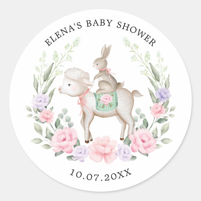 Frühlingshasen Bunny Rabbit & Lamb Oaster Baby Gir Runder Aufkleber (Vorderseite)
