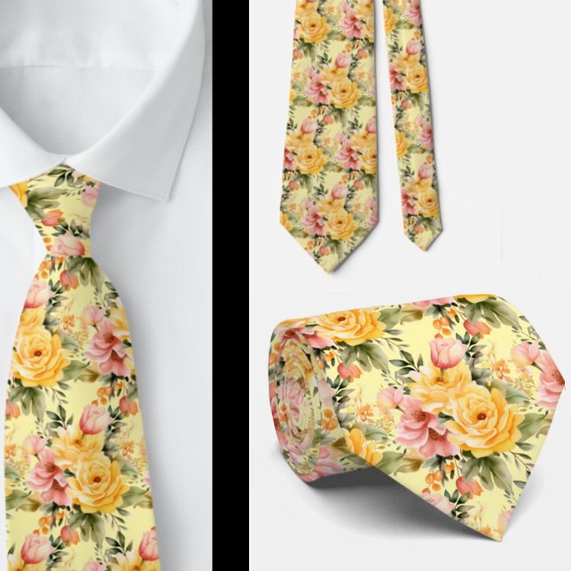 Frühlingshimmel Rosa und Gelbe Flora Neck Tie Krawatte (Von Creator hochgeladen)
