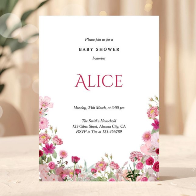 Frühlingshitze Rosa Baby Dusche Einladung Chic (Spring Floral baby shower invitation, Pink baby shower invitation, Baby in bloom invitation, Wildflo)