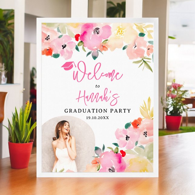Frühlingsholzer Garten Abschluss Empfang Poster (Spring pink boho garden floral graduation welcome poster)