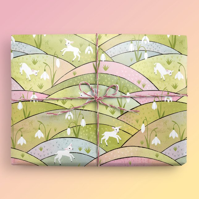 Frühlingshügel mit Babyziegen und Snowdrops Ostern Geschenkpapier (Baby Goats Gift Mockup)