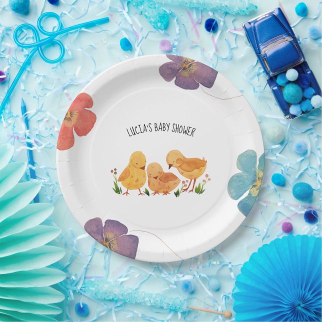 Frühlingshühnchen Floral Baby Dusche Pappteller (Party)