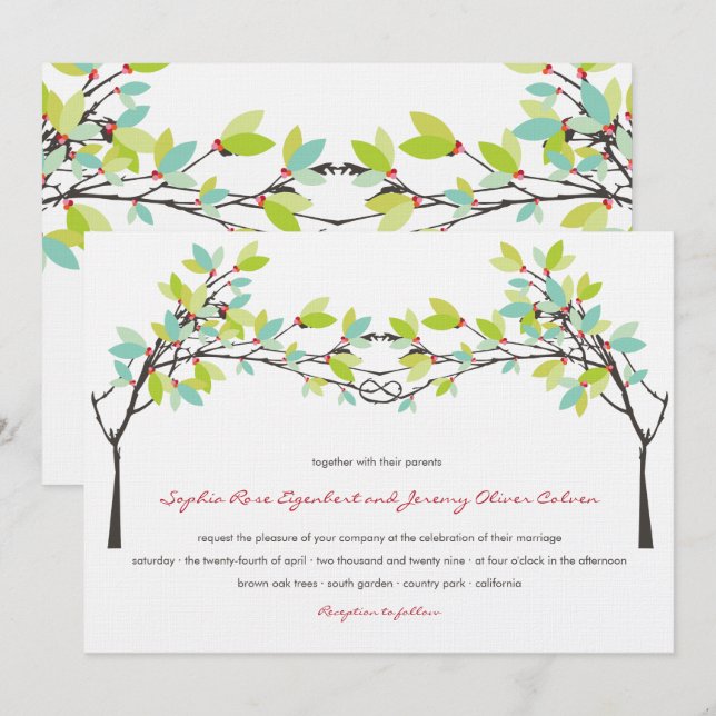 Frühlingshühner Grünknotter Liebe Bäume Hochzeitse Einladung (Vorne/Hinten)