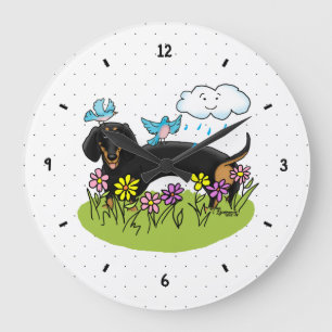 Frühlingshund Dackel (schwarz und braun) Niedlich Große Wanduhr