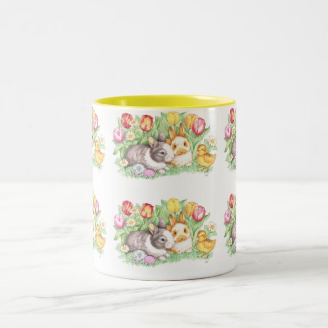 Frühlingshuppen, Bunnies & Chick, OsterTasse Zweifarbige Tasse (Mittel)