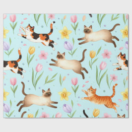 Frühlingskatzenparade – Springende Katzen & Blüten Geschenkpapier