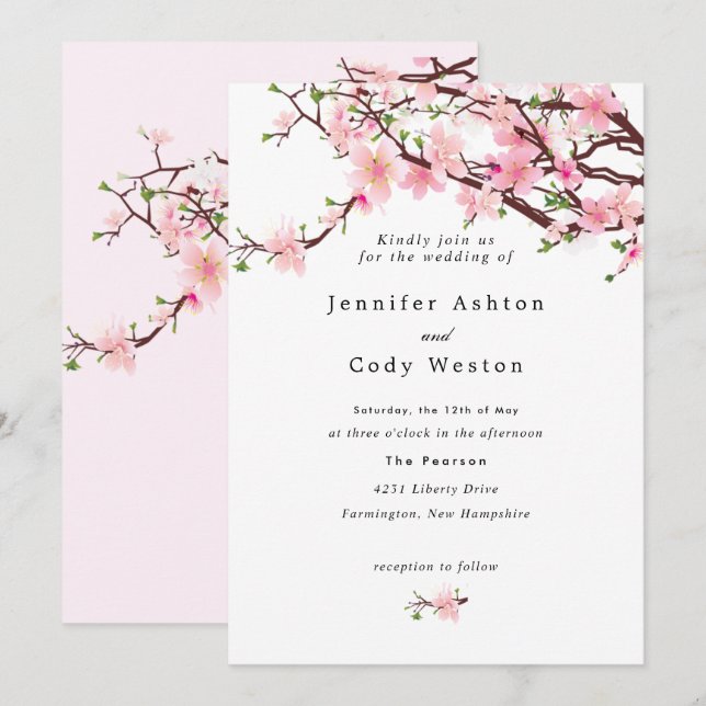 Frühlingskirsche Blüten Blassrosa Weiße Hochzeit Einladung (Vorne/Hinten)