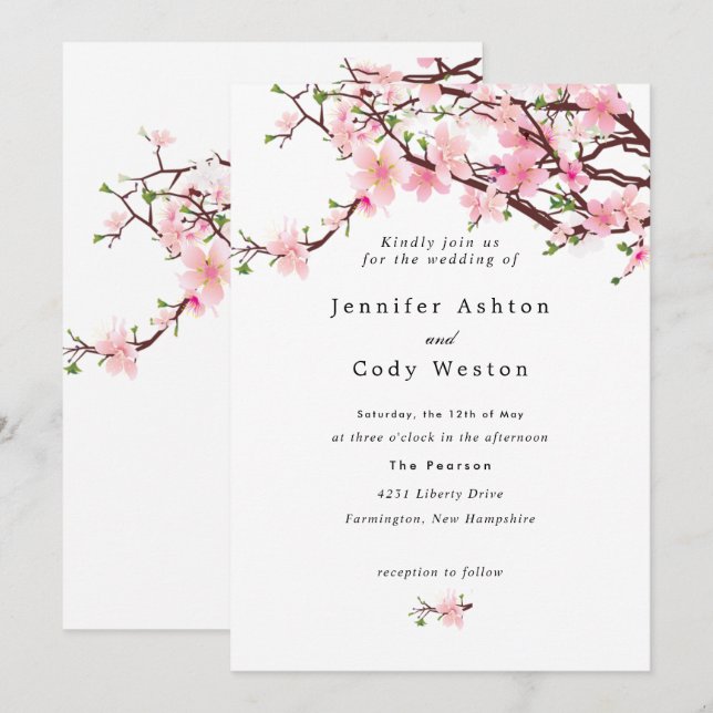 Frühlingskirsche Blüten Blassrosa Weiße Hochzeit Einladung (Vorne/Hinten)