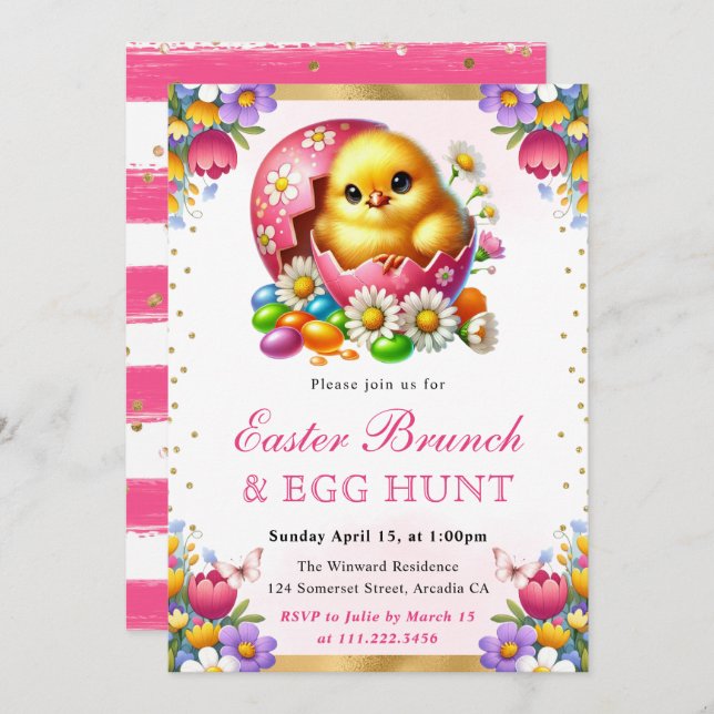 Frühlingsküken im Ei Ostern Brunch Einladung (Vorne/Hinten)